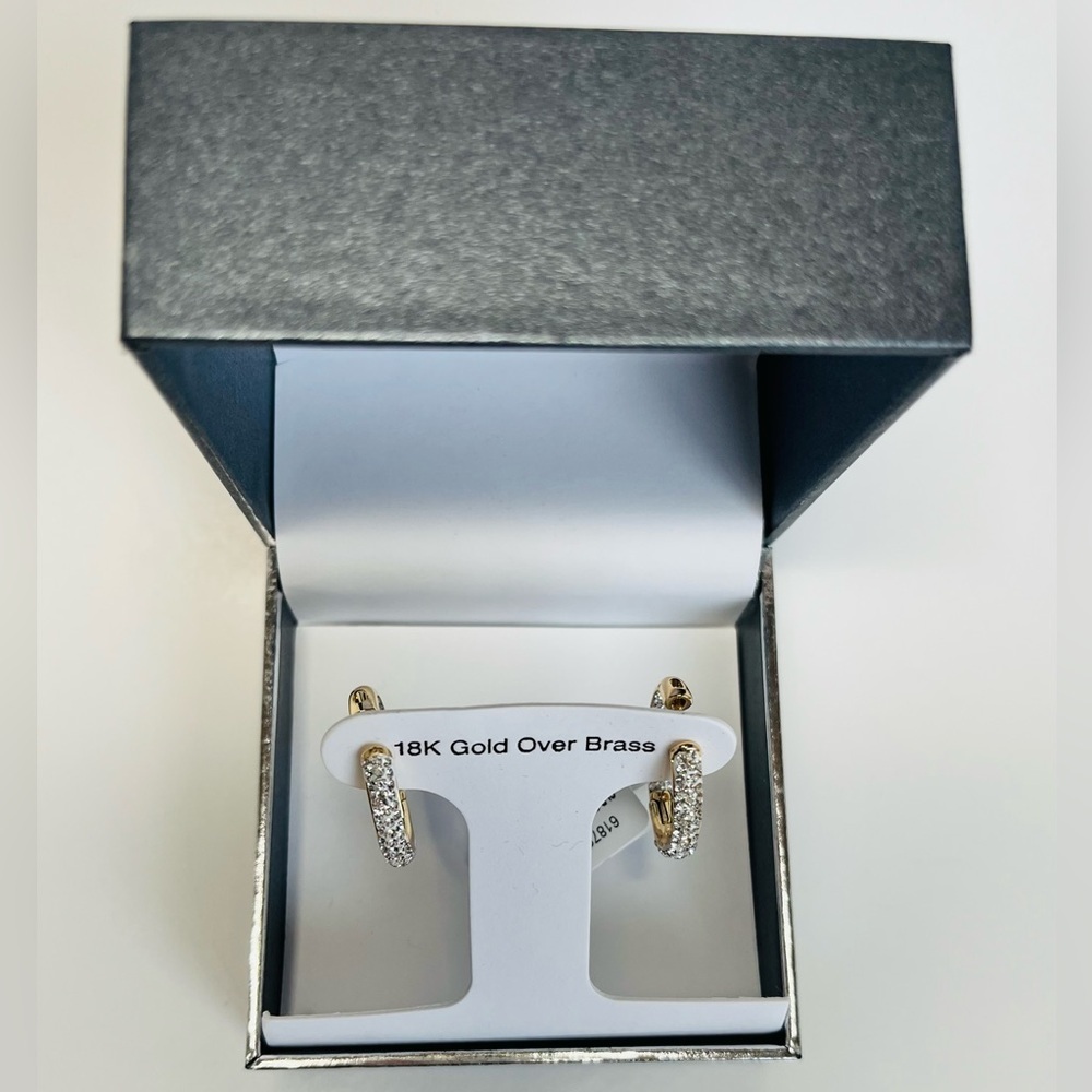 And Now This High Polished Hinged Crystal Pave Hoop Earring, Gold Plate - Picture 3 of 10